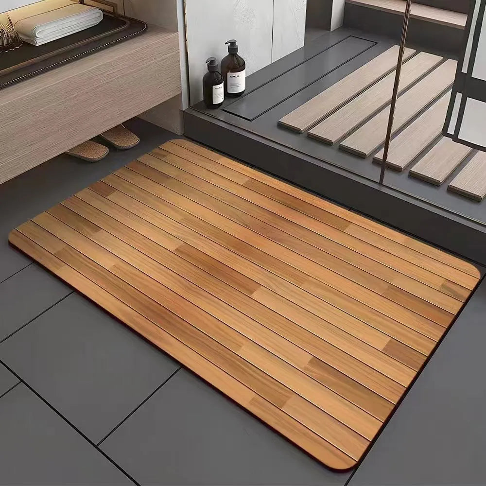 American wood grain patterned diatom ooze bathroom floor mat with geometric design on non-slip base