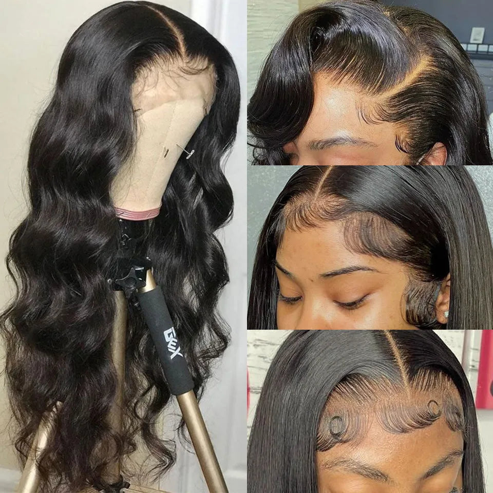 Black synthetic wig with long curly hair, side bangs, and a front lace design.