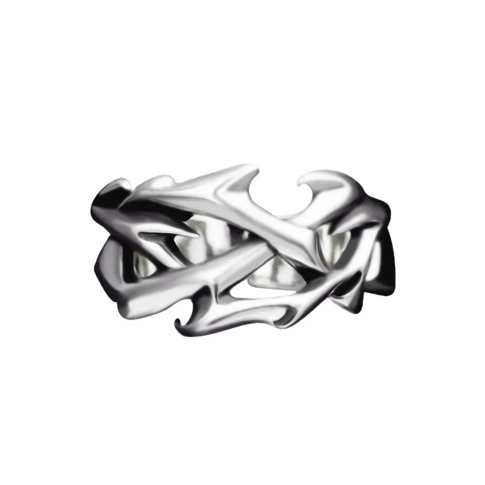Copper men's ring with thorn flower design and adjustable geometric opening.