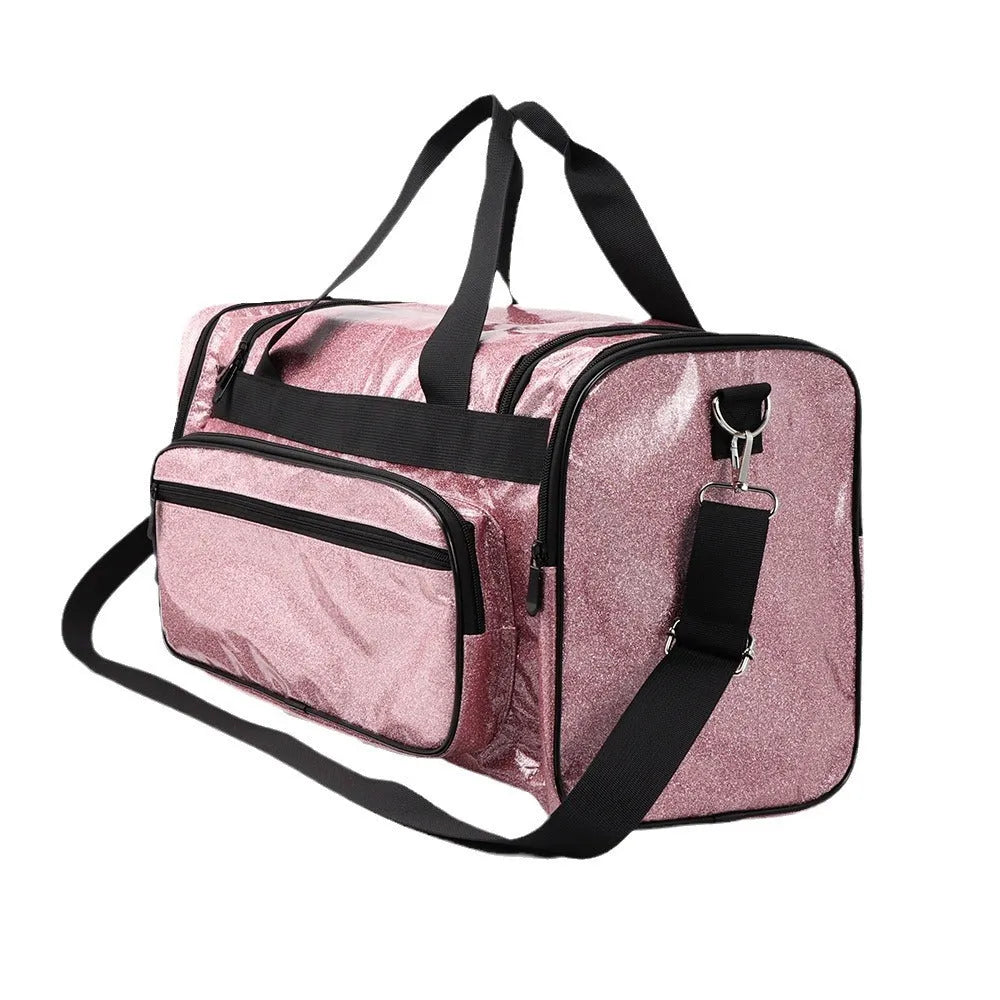 Large silver PU leather sports handbag with letter detailing showing interior compartments