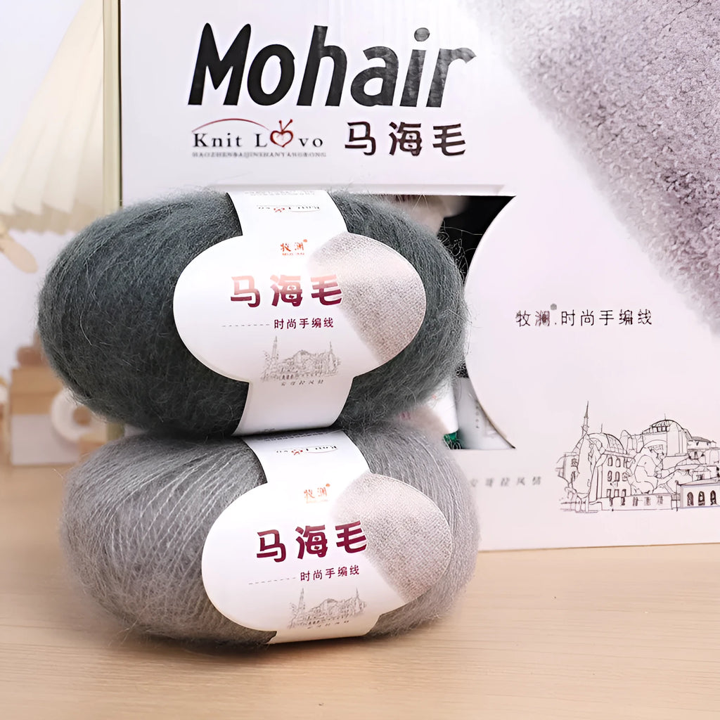 Single 100g ball of mohair yarn for a DIY hand-woven scarf kit, showing the fluffy texture.