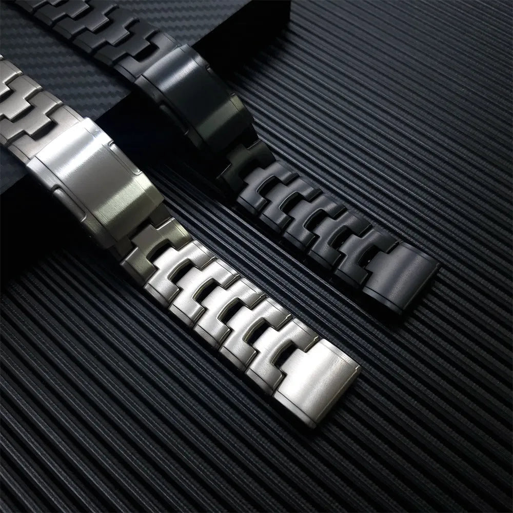 Garmin Jiaming Fenix watch strap in silver, black, or titanium colours, showing 22mm and 26mm size options.