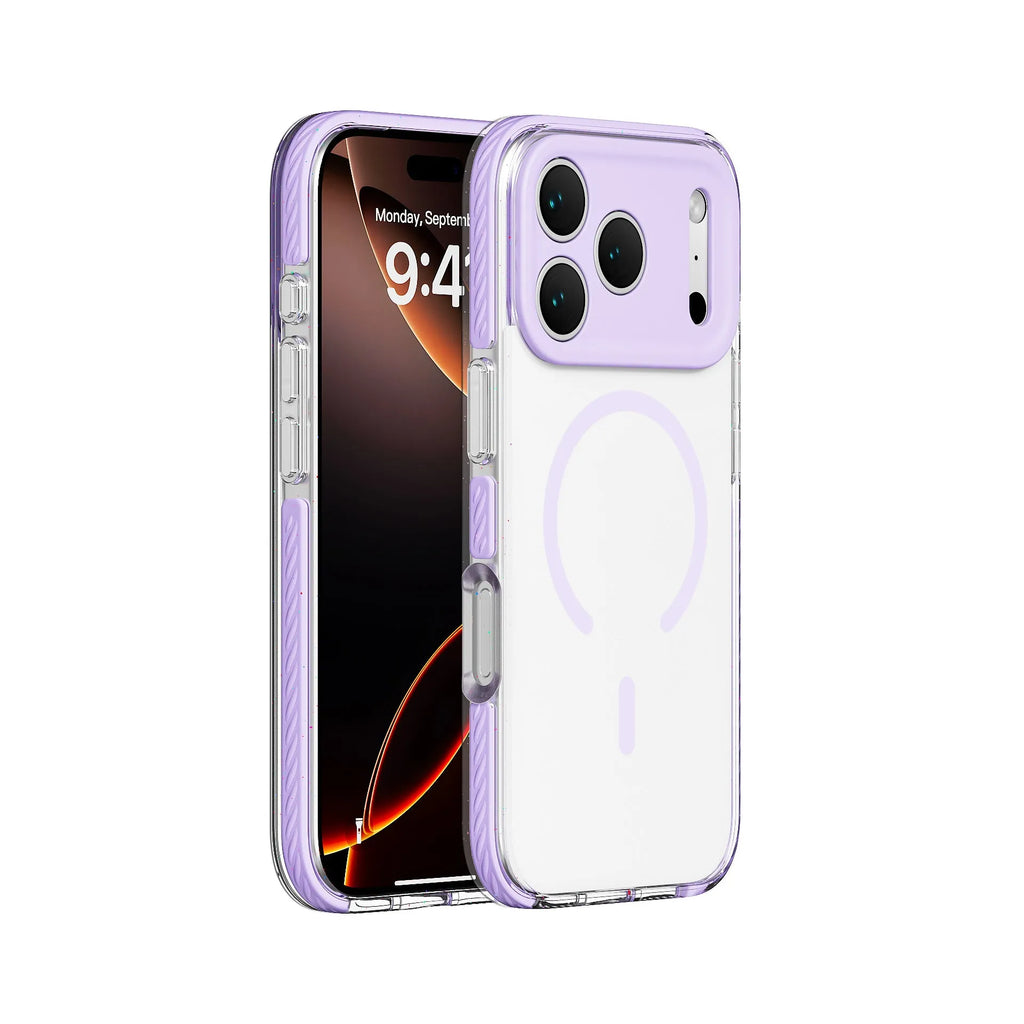 Transparent magnetic iPhone case showing six colour options: blue, green, orange, pink, purple, and gray