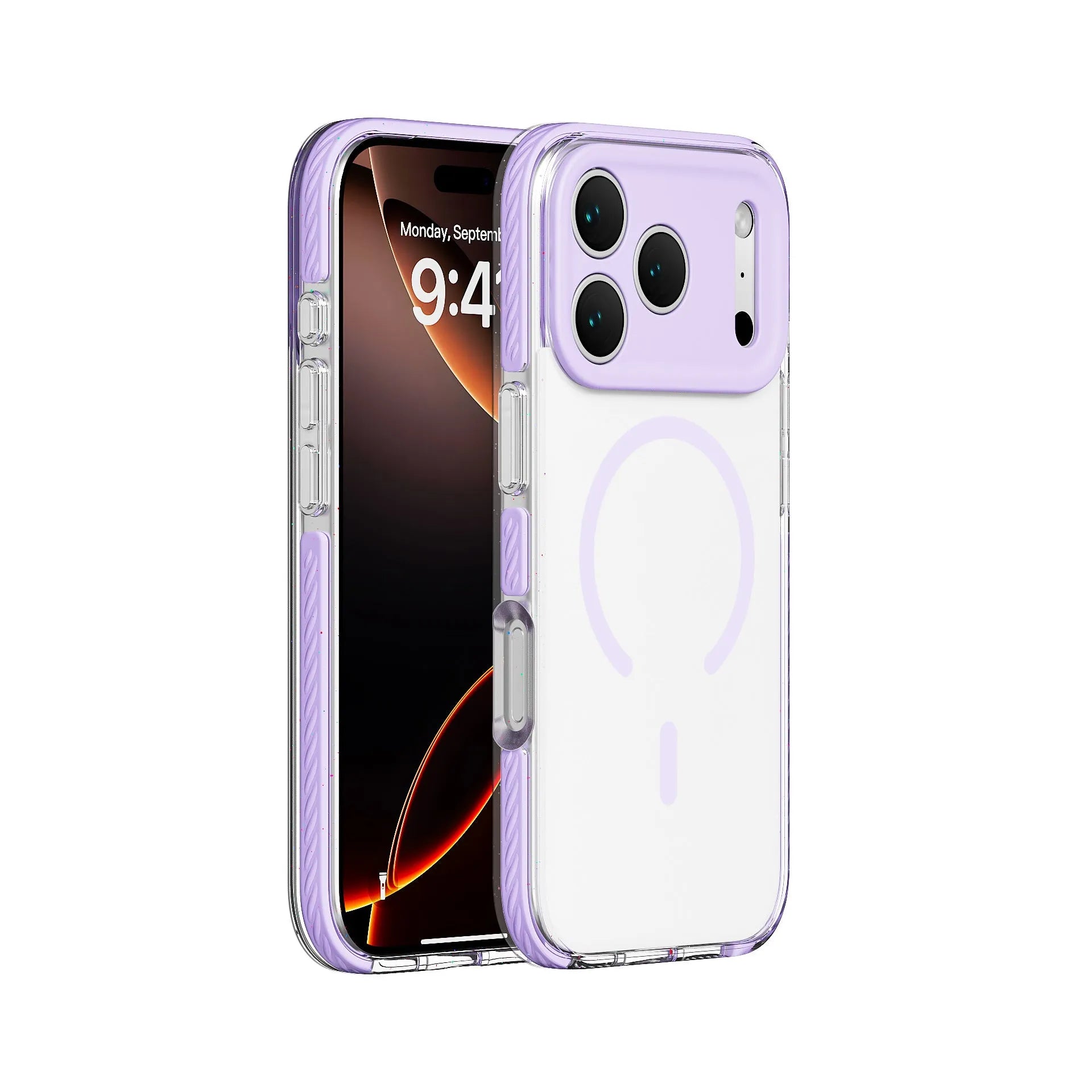 Transparent magnetic iPhone case showing six colour options: blue, green, orange, pink, purple, and gray