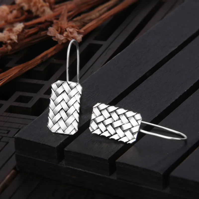 Women's silver geometric diamond plaid earrings made from 925 sterling silver