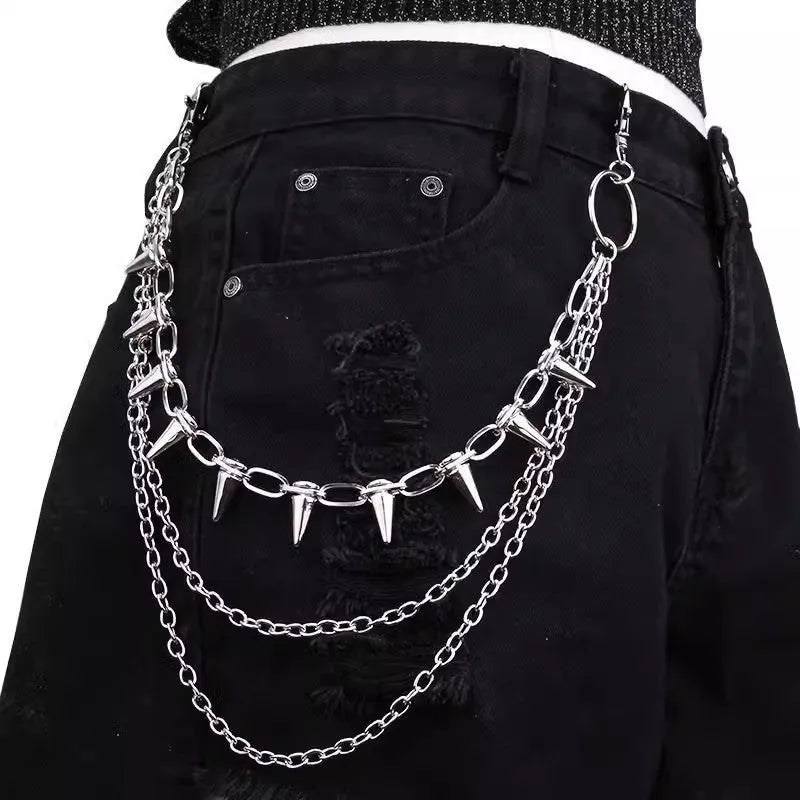 Silver metal punk chain with dark rivet and double layer phants zipper ornament, 115cm length for belt loop attachment