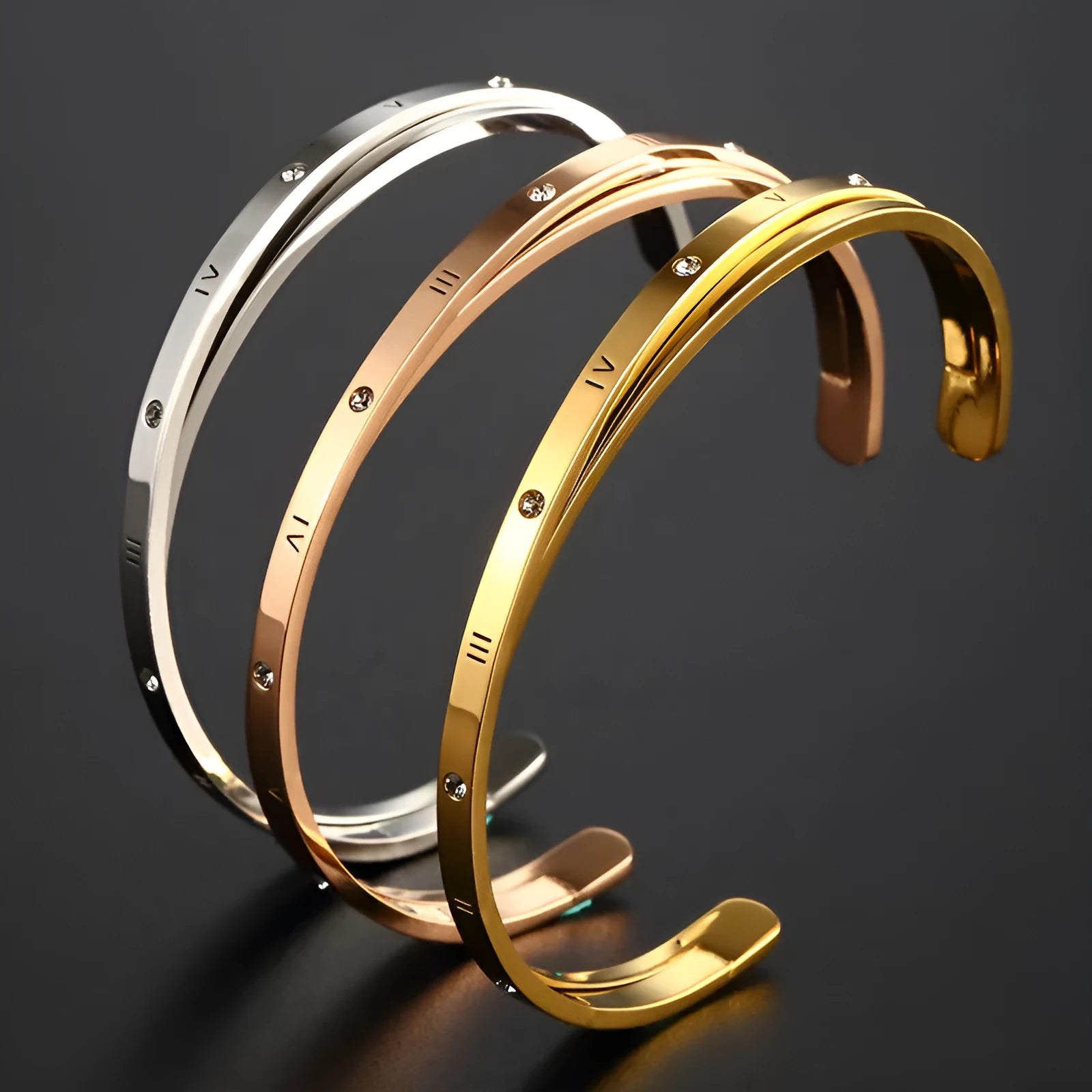 Open-ended stainless steel women's bracelet with inlaid zircon crystals in rose gold, silver, or gold tone.