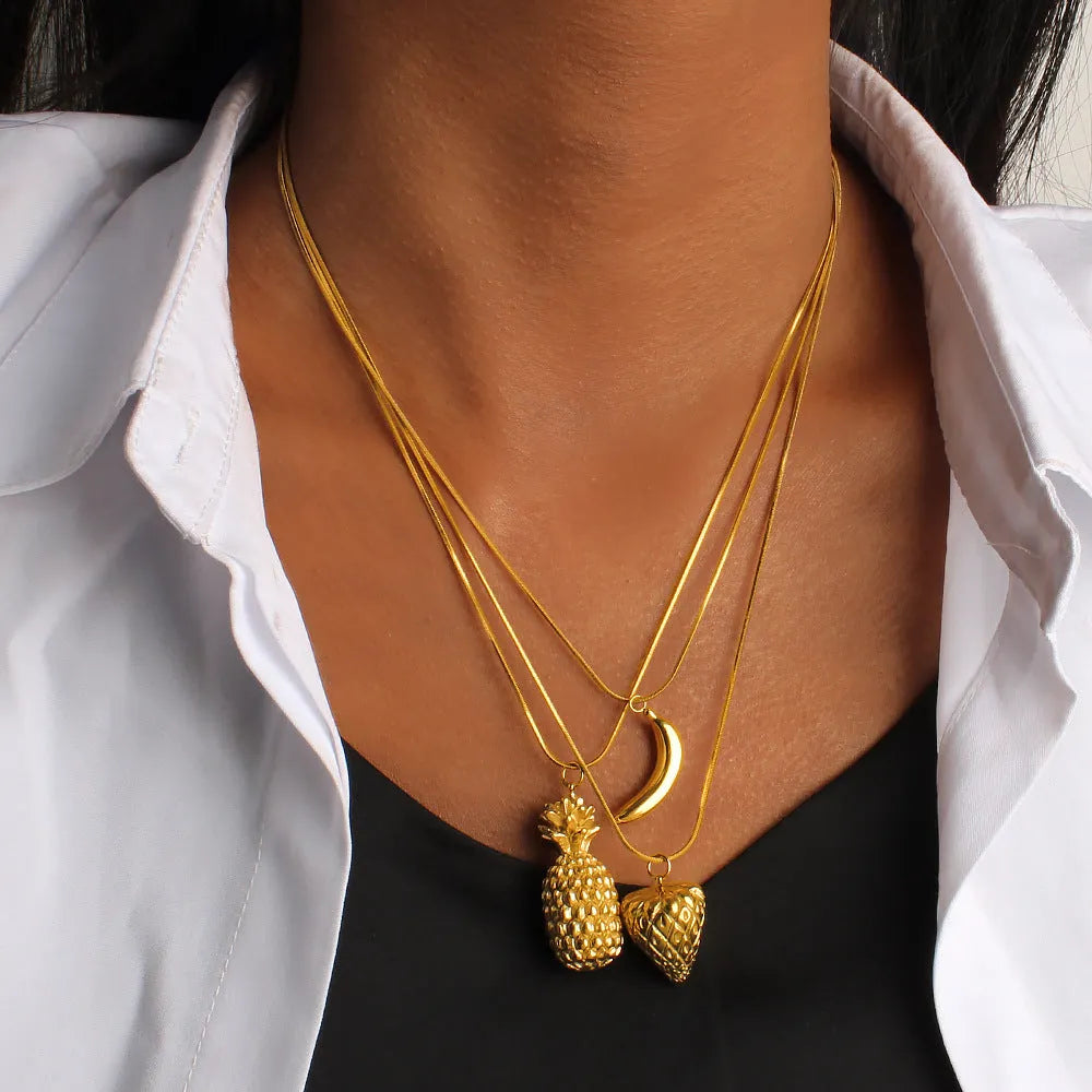 Stainless steel necklace with a choice of fruit-shaped pendants including apple, grape, and watermelon.