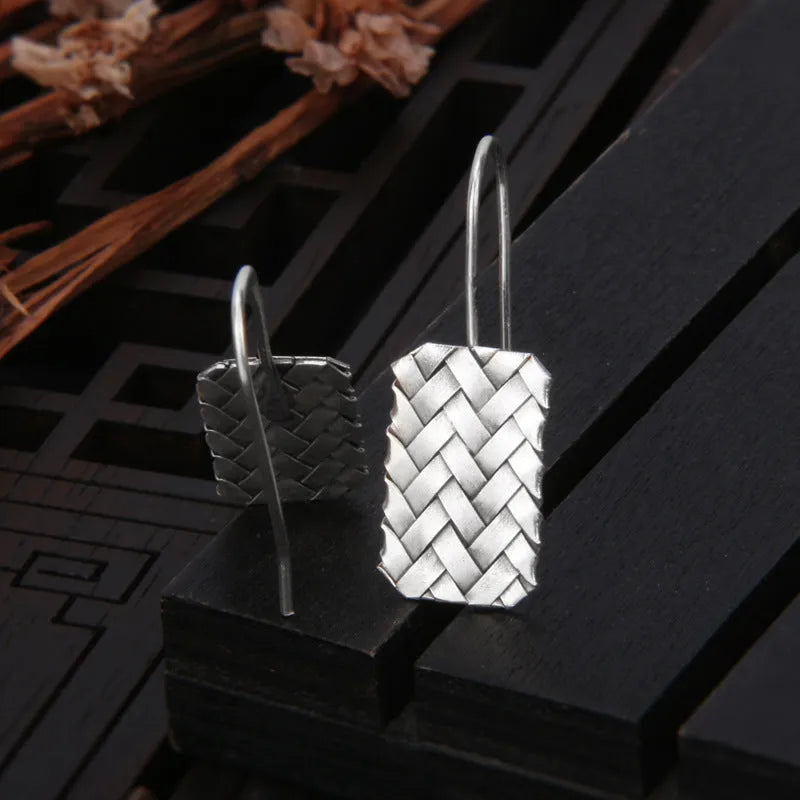 Women's silver geometric diamond plaid earrings made from 925 sterling silver