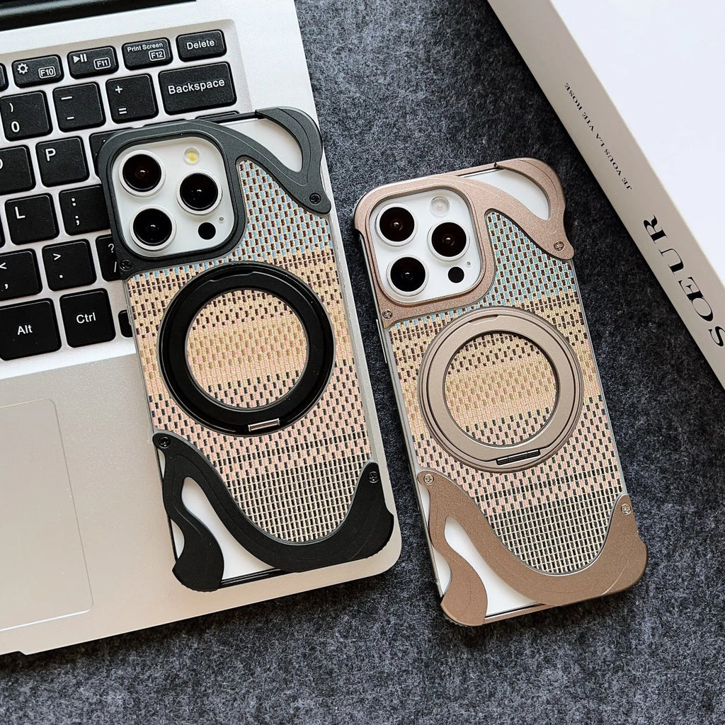 Frameless metal magnetic bracket phone case for iPhone 16 Pro in black electroplated finish