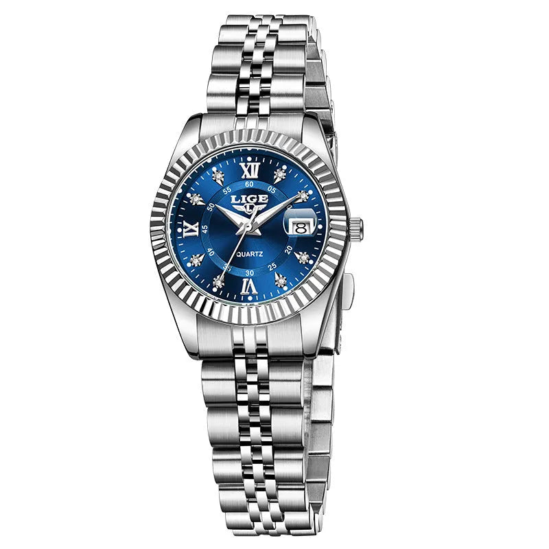 Waterproof quartz watch for women in gold and silver colour options with a 10mm thick case