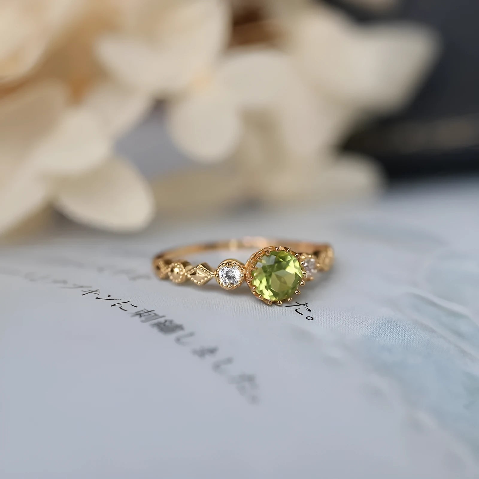 Japanese style geometric imitation peridot ring in antique copper for women, US sizes 6-9