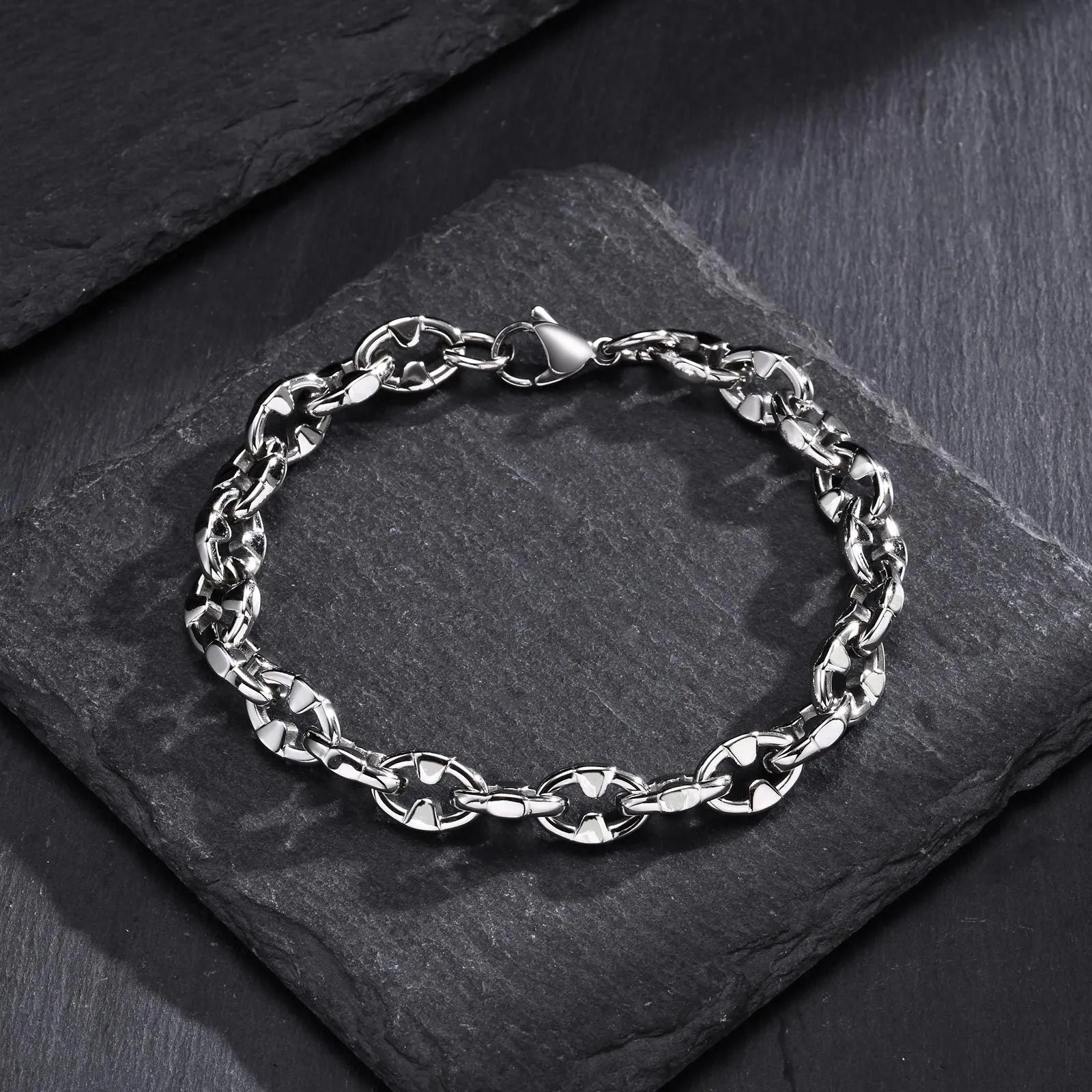 Handmade thick geometric stainless steel chain bracelet in steel colour