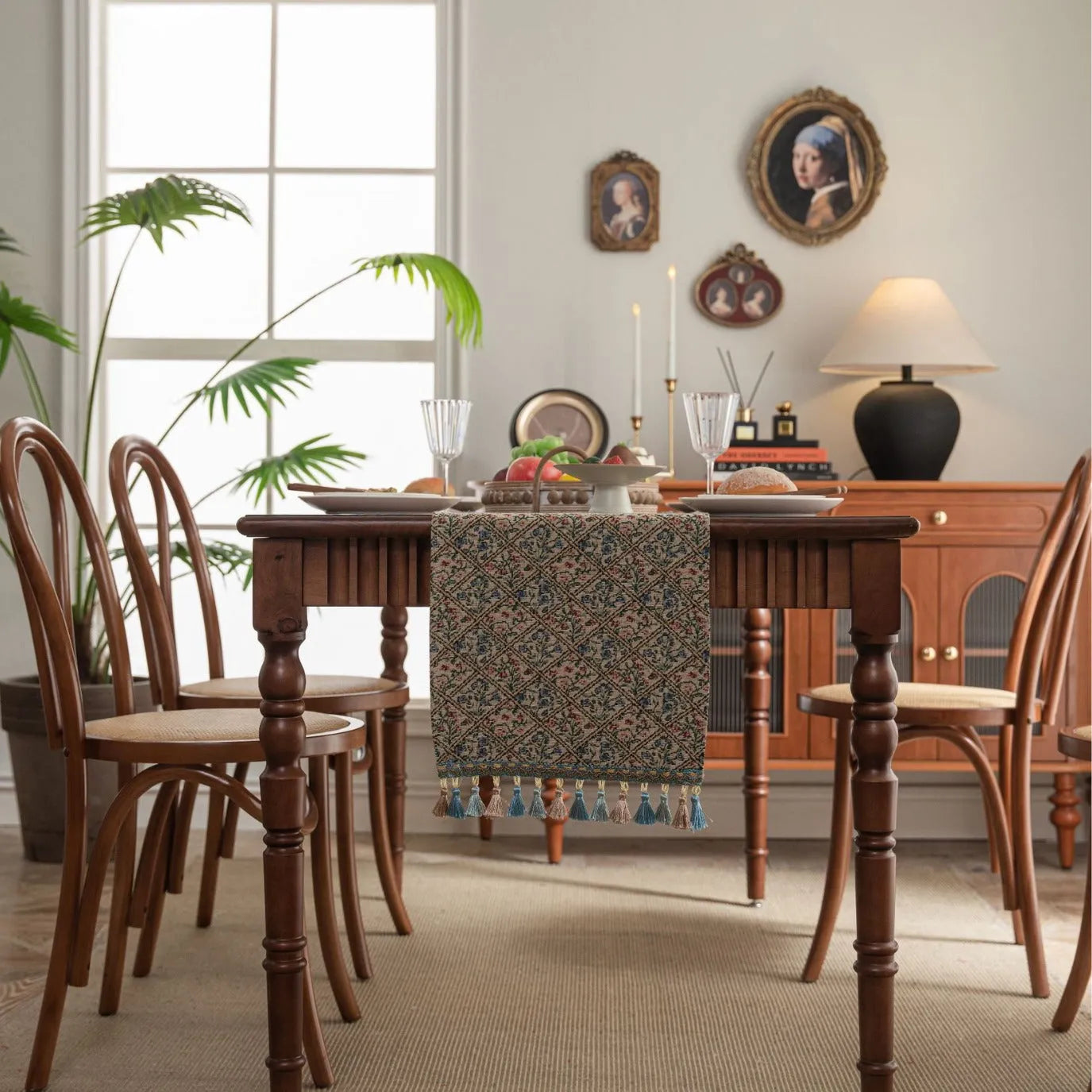 Nordic jacquard striped table runner with tassel trim in dark blue with multiple pattern options