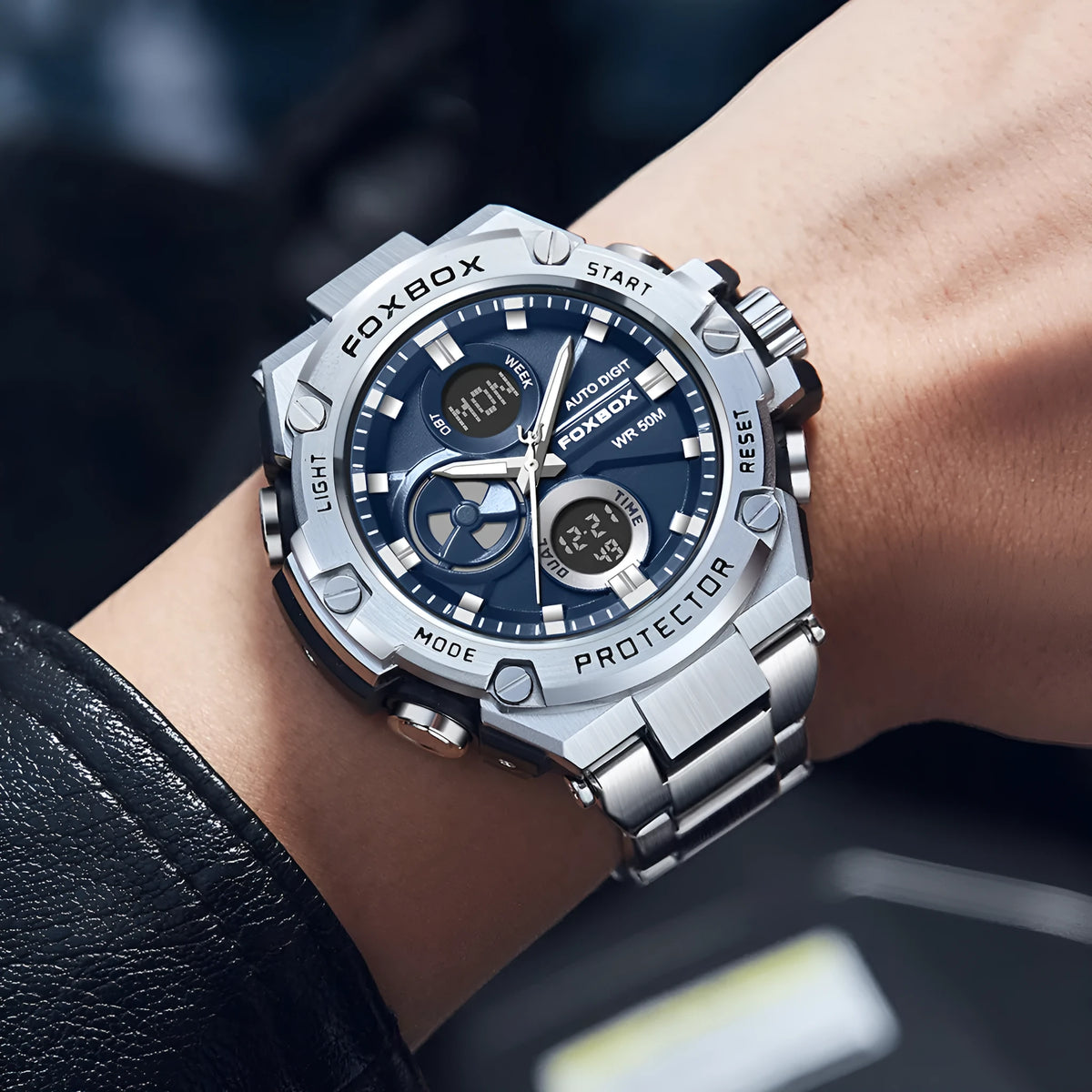 Men's double display luminous electronic quartz steel watch, 17mm thick, in black gold or silver colour