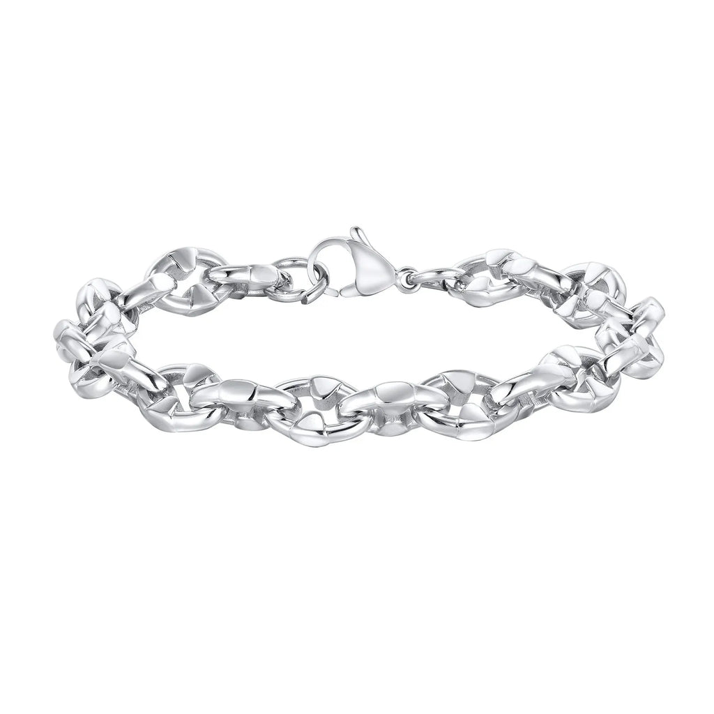 Handmade thick geometric stainless steel chain bracelet in steel colour.