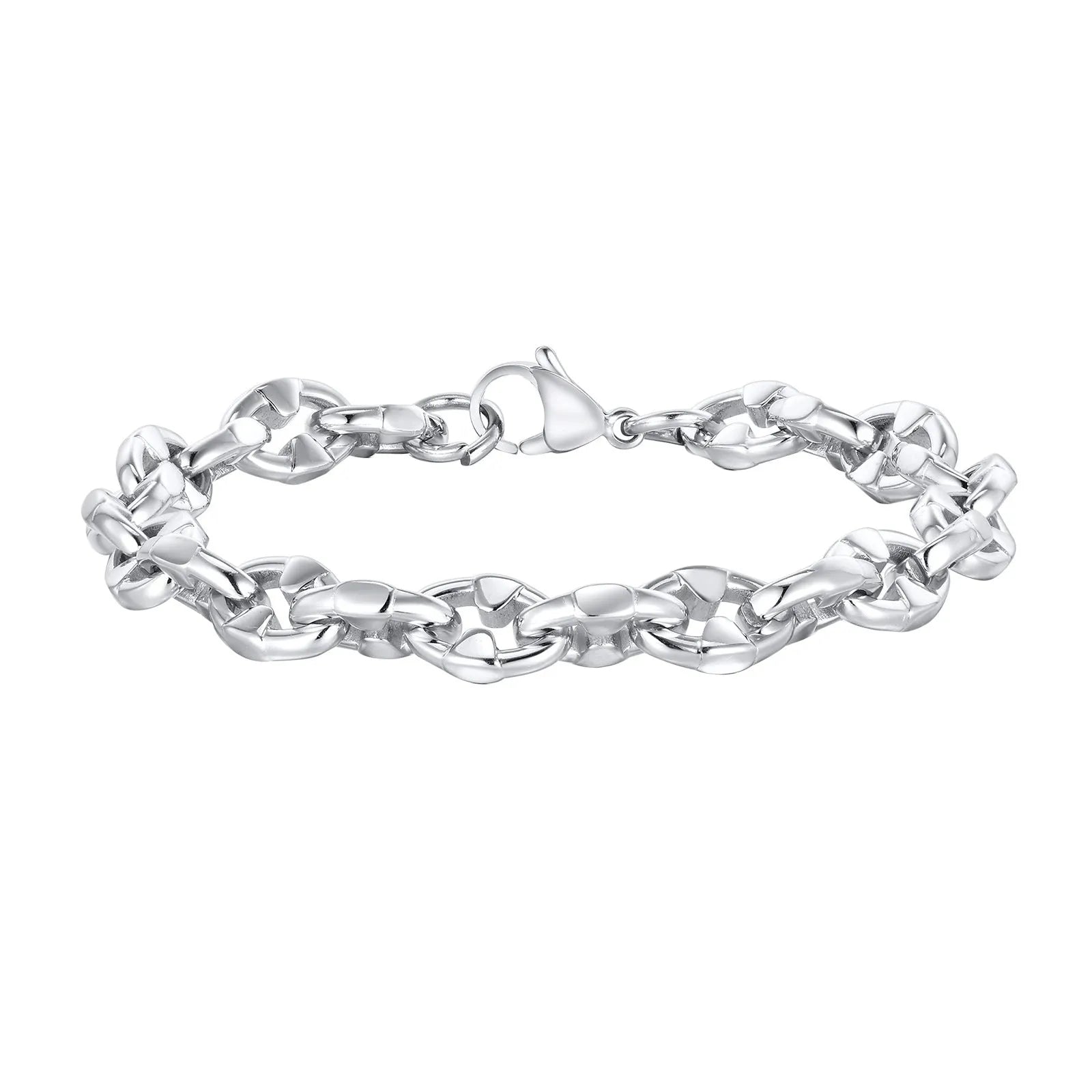 Handmade thick stainless steel geometric chain bracelet showing steel colour, laid flat.