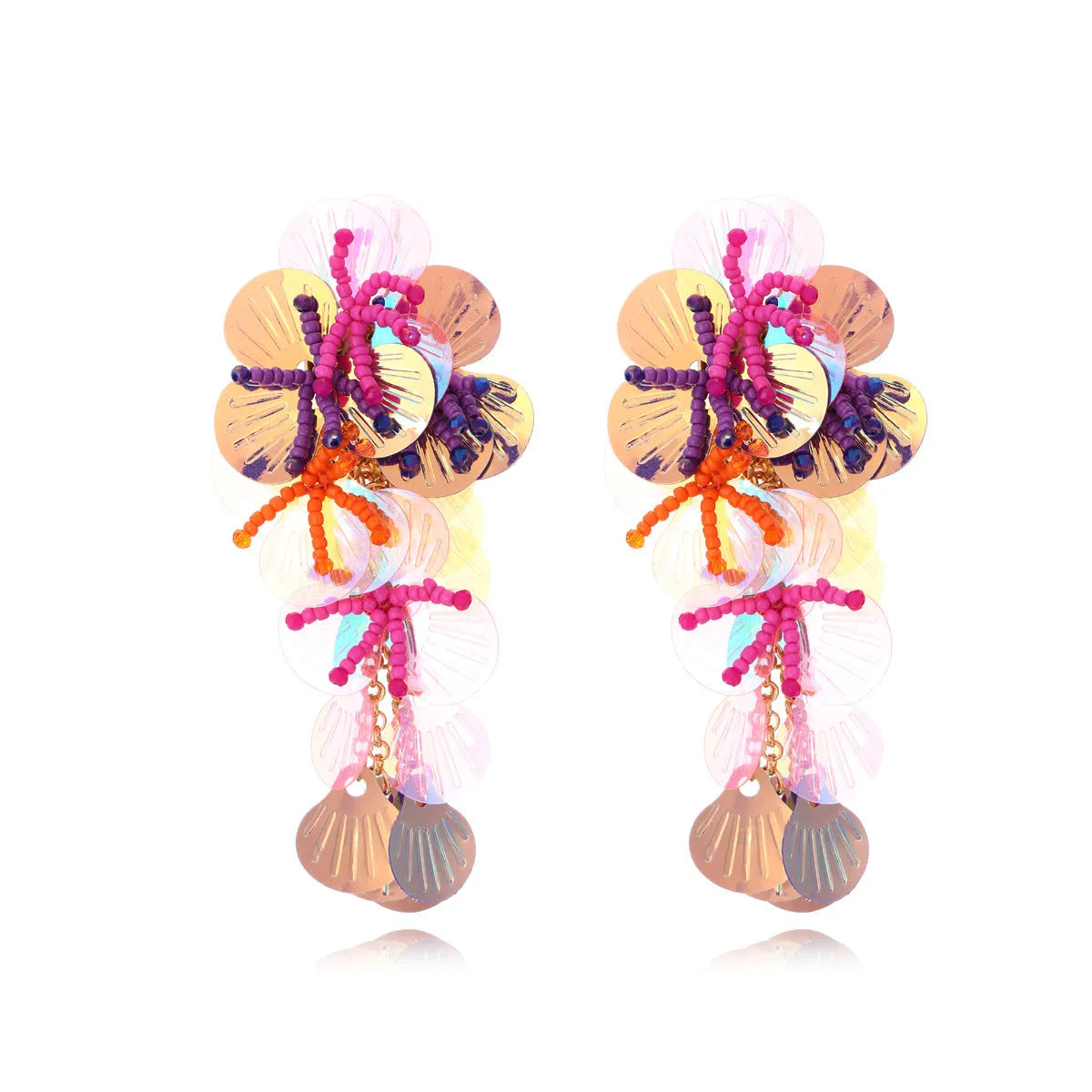 Handmade string bead flower earrings in purple, rose, and multicolour exaggerated designs