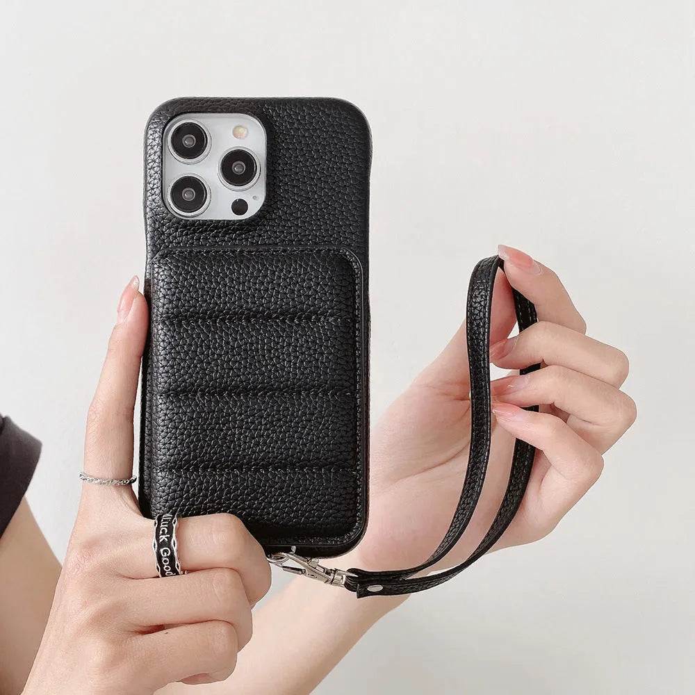 Drop-resistant leather down card holder phone case for iPhone in black with lanyard and bracket