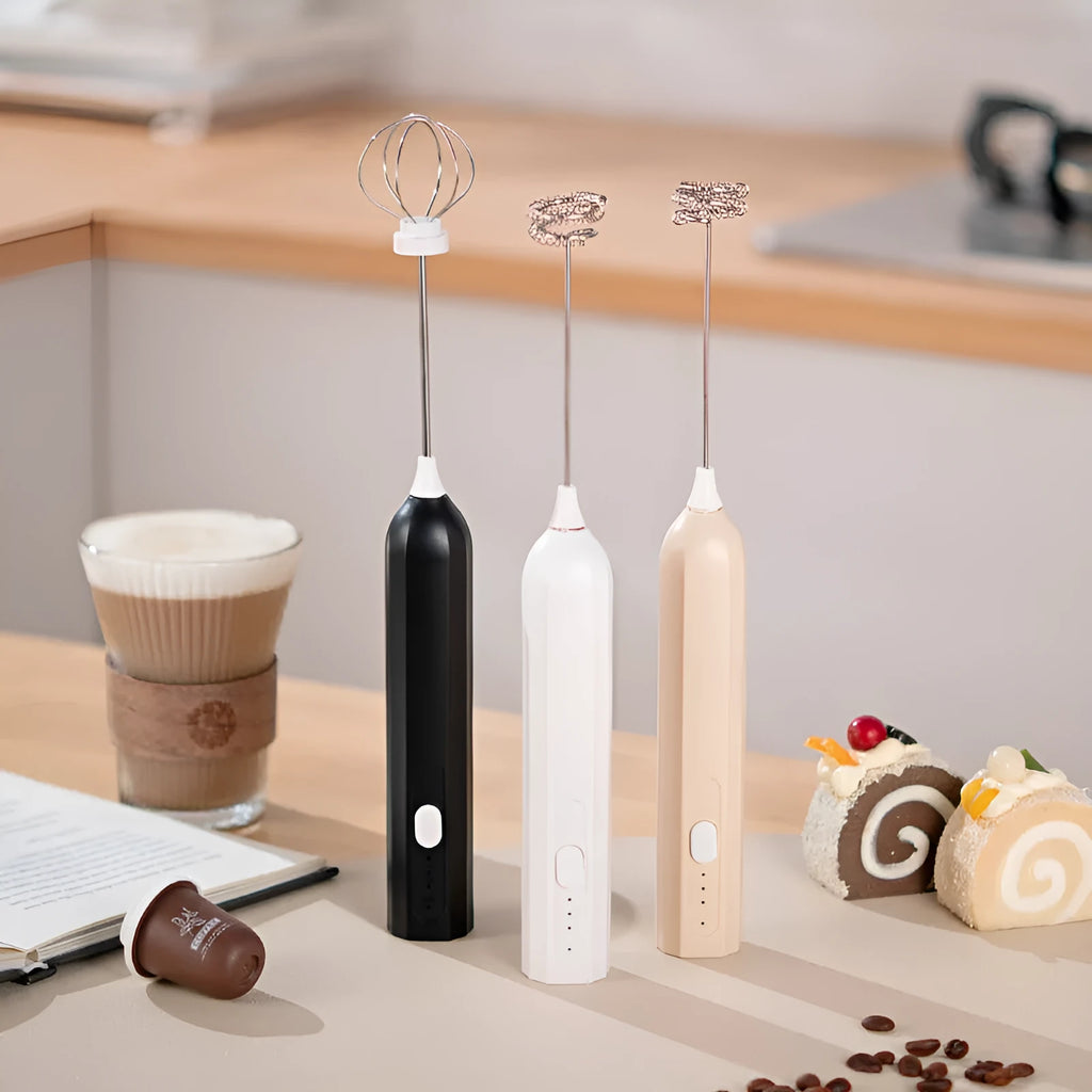 Handheld electric whisk in white, black, or apricot with USB rechargeable wireless design and three speed settings