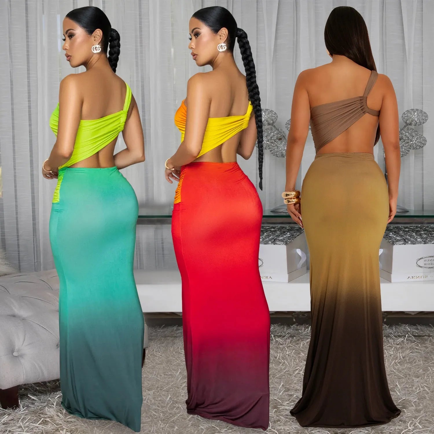 Long brown, green, and red gradient colour dress with a high waist, cross-shoulder neckline, and sleeveless design on a mannequin.