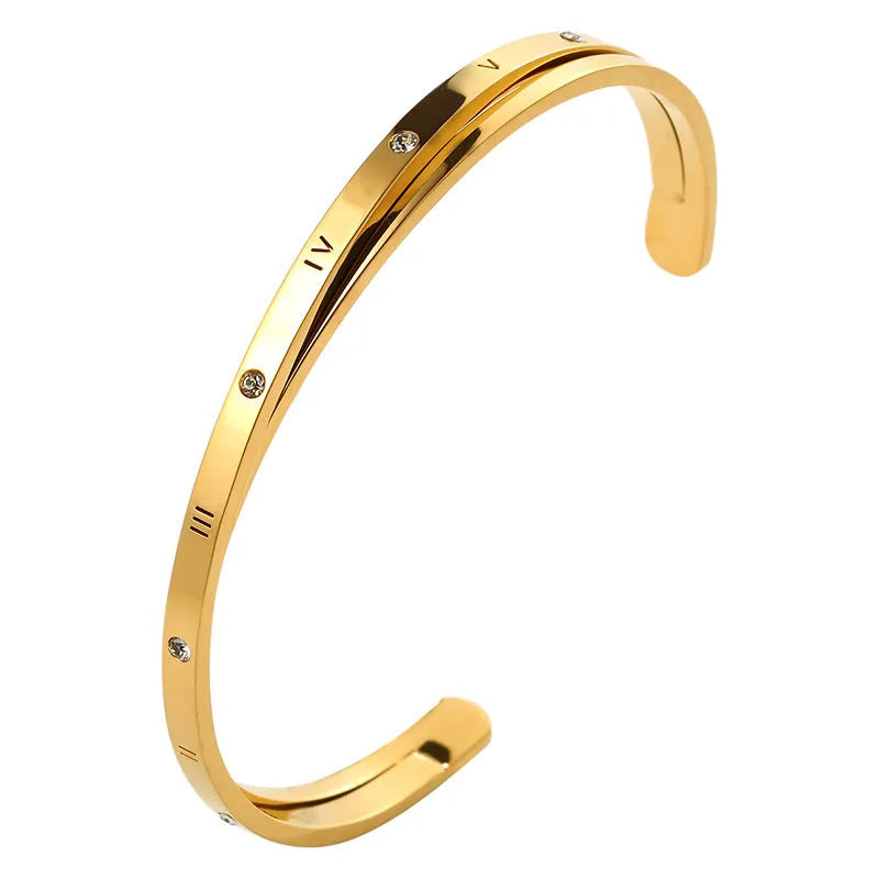 Open-ended stainless steel women's bracelet with inlaid zircon crystals in rose gold, silver, or gold tone.