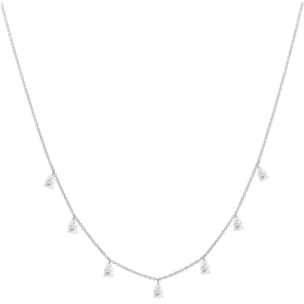 A drop-shaped sterling silver zircon pendant necklace on an O-chain, shown in silver, rose gold, and golden yellow finishes.