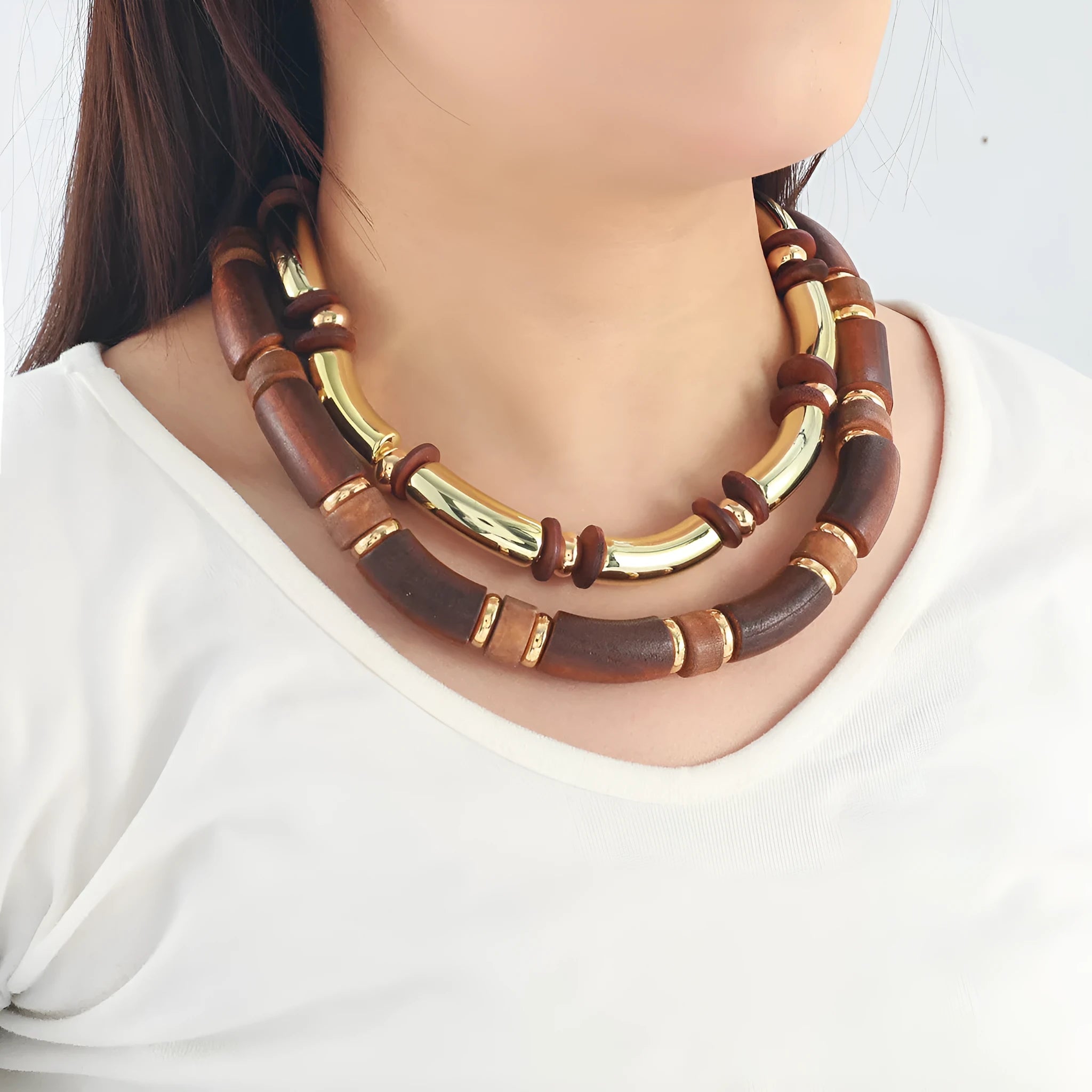 Women's multi-layer wooden necklace and bracelet set with alloy circular pendants