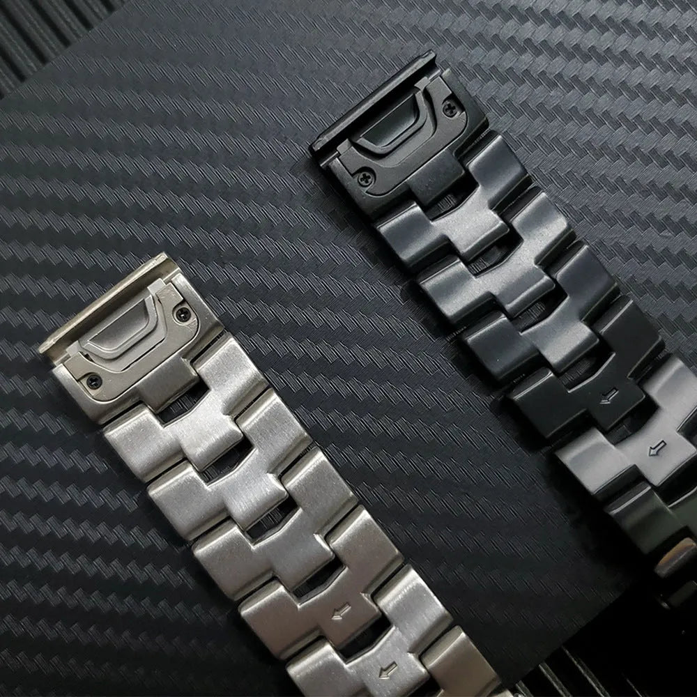 Garmin Jiaming Fenix watch strap in silver, black, or titanium colours, showing 22mm and 26mm size options.