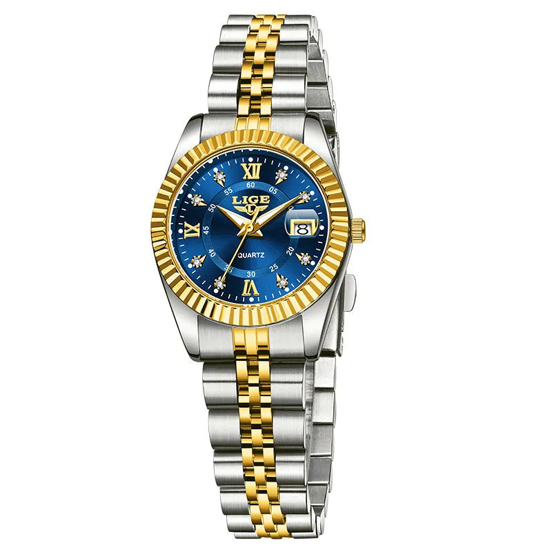 Waterproof ladies fashion quartz watch in gold or silver tones, 10mm thick.