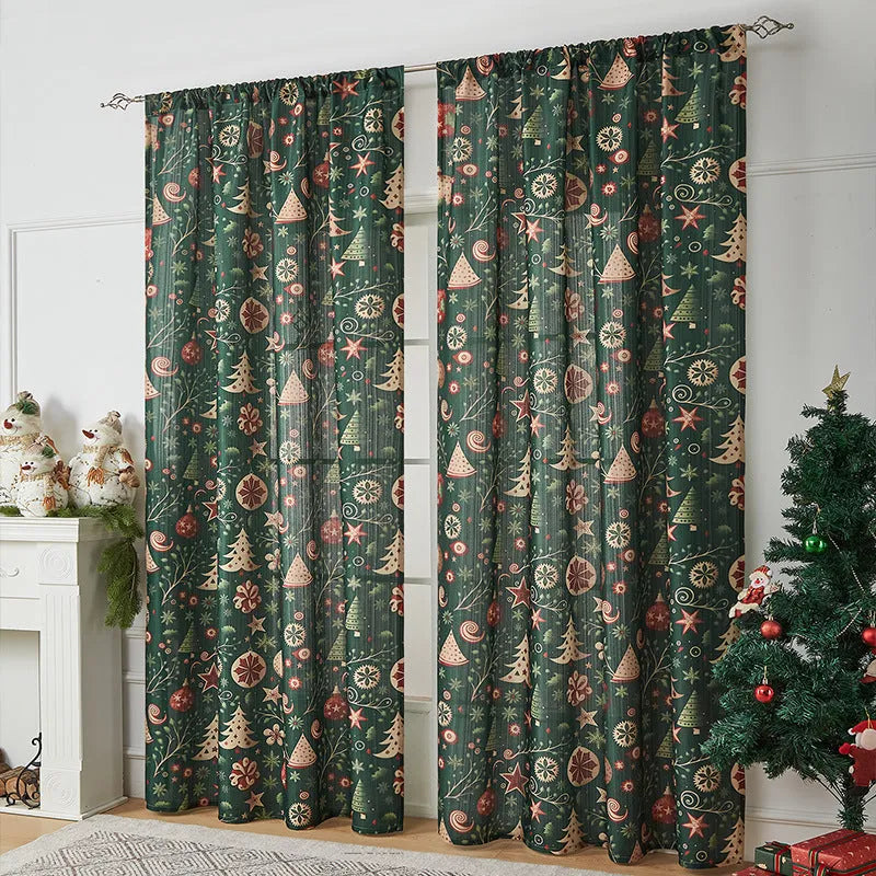 Rectangular Christmas-themed curtain with printed designs showing semi-sunshade function