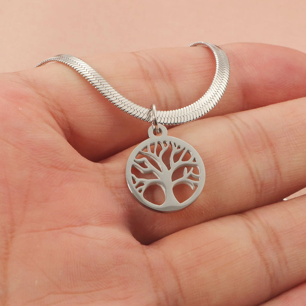 Gold or steel colour stainless steel necklace with a tree pendant on a snake bone chain.