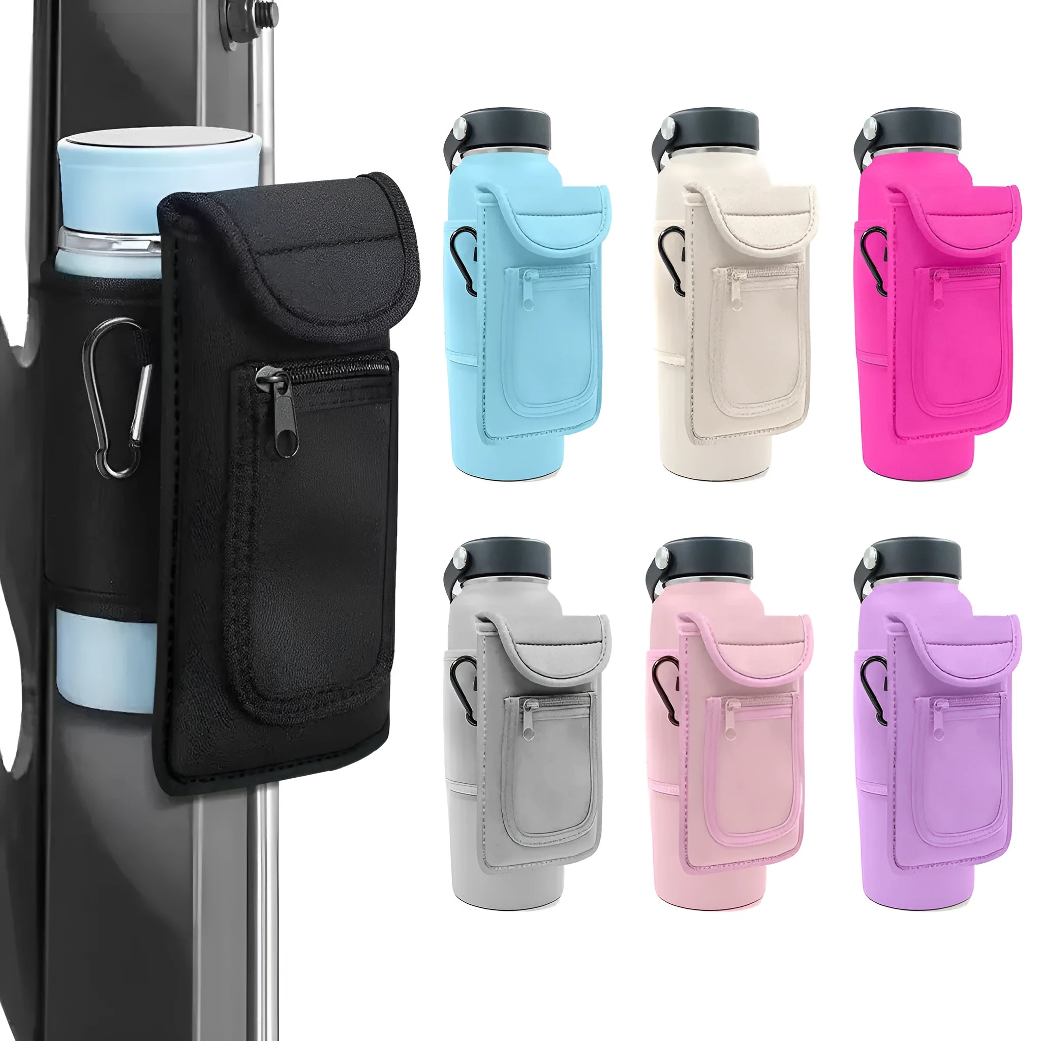 Fitness magnetic bottle sleeve in black holding an insulated cup, showing the magnetic closure.