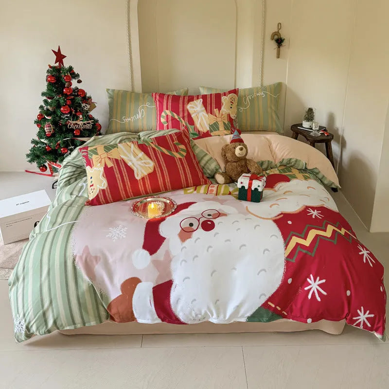 Christmas bedding four-piece set with soft washed cotton texture and colourful cartoon prints.