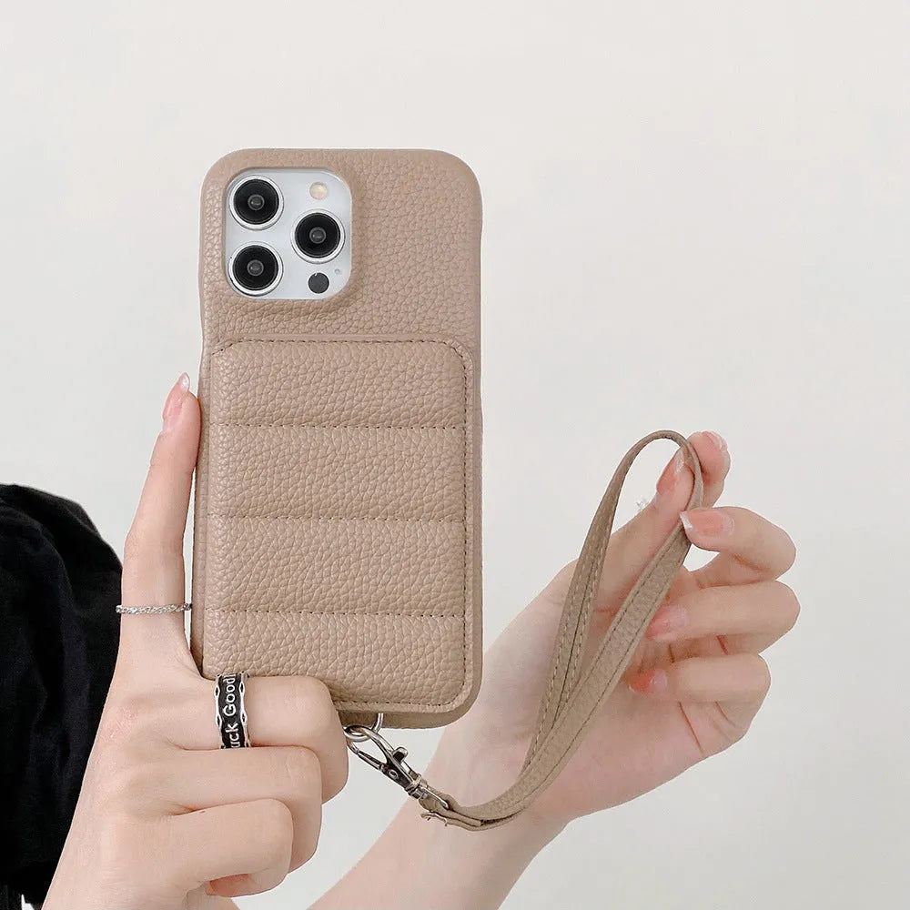 Drop-resistant leather down card holder phone case for iPhone in black with lanyard and bracket