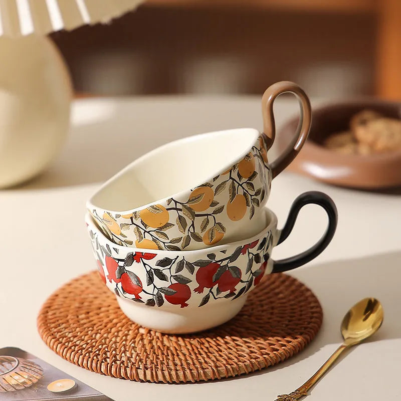 Antique style ceramic coffee cup and saucer set in black or orange colour, 210ml capacity.