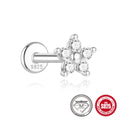 Set of S925 sterling silver geometric stud earrings with petal designs in platinum finish, showing 2mm, 3mm, and 4mm sizes.