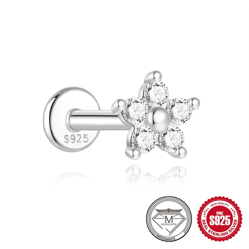 Set of S925 sterling silver geometric stud earrings with petal designs in platinum finish, showing 2mm, 3mm, and 4mm sizes.