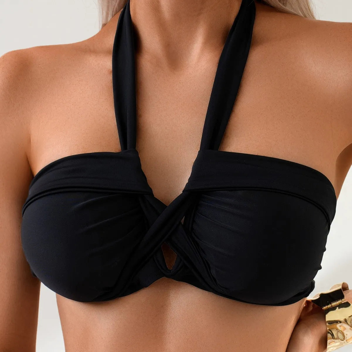 Black backless bikini briefs swimming suit with solid colour European-American style