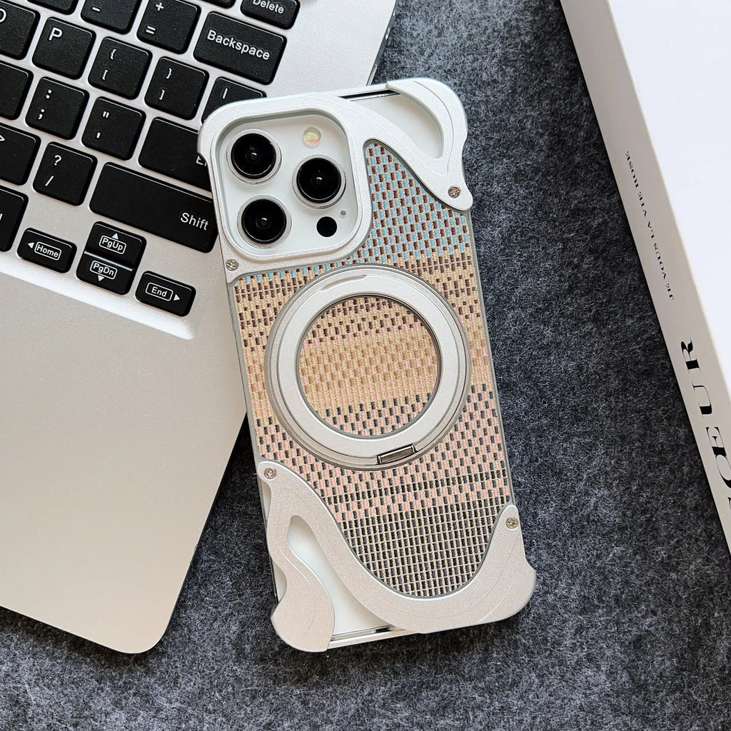 Frameless metal magnetic bracket phone case for iPhone 16 Pro in black electroplated finish
