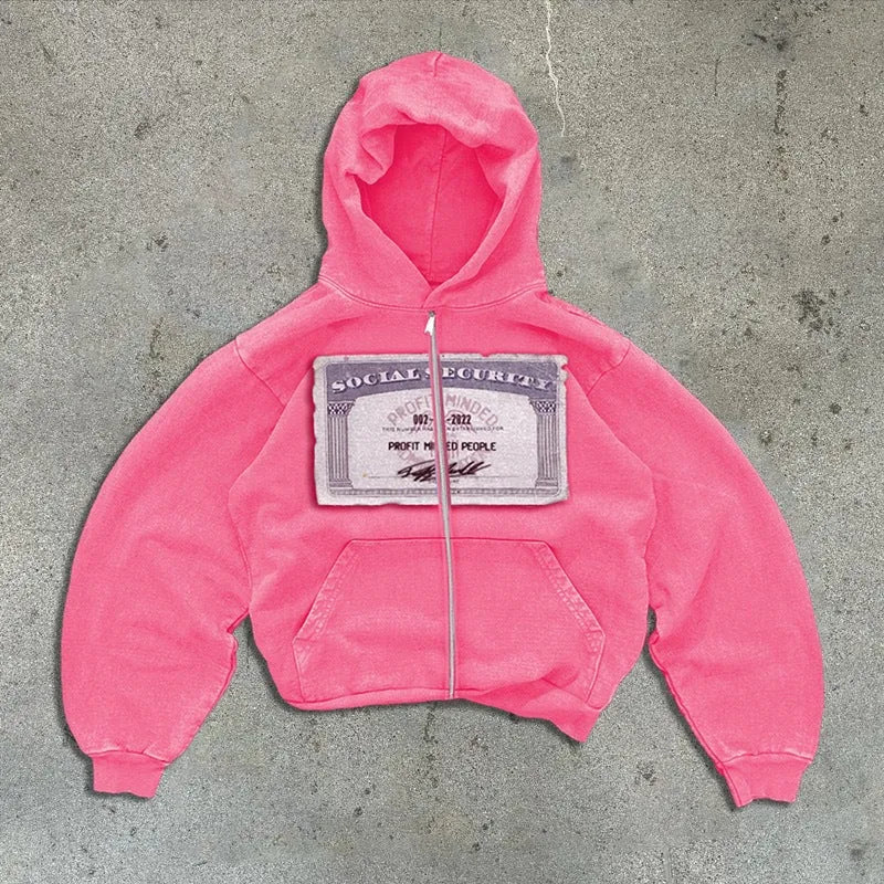 Unisex letter pattern hoodie zipper jacket in polyester with zippered pockets