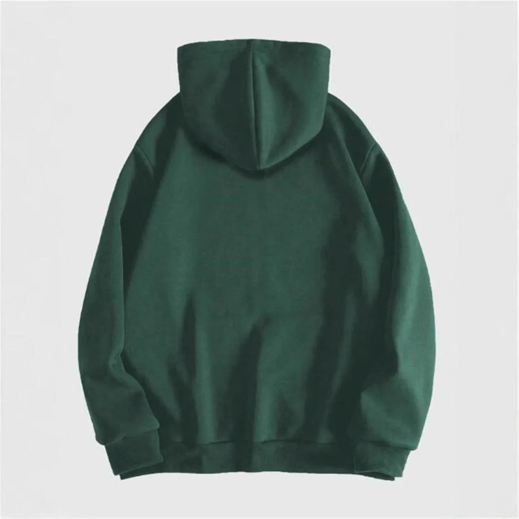Black men's hooded sweatshirt with a green skull print on the chest, showing long sleeves and pullover style.