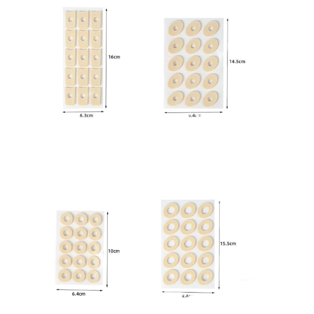 Women's heel corn protectors showing four shapes: large oval, small oval, U-shaped, circular section PU gel pads
