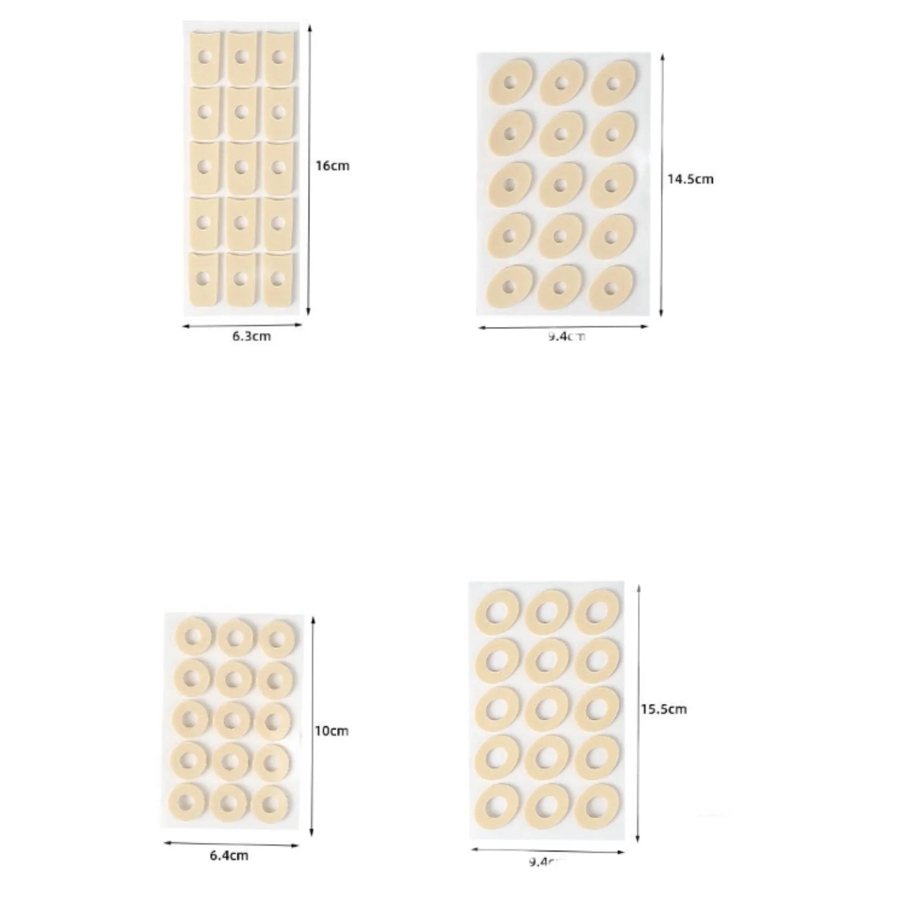 Women's heel corn protectors showing four shapes: large oval, small oval, U-shaped, circular section PU gel pads