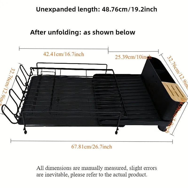 A retractable, foldable carbon steel dish rack for draining cutlery, knives, forks and cups on a kitchen countertop.