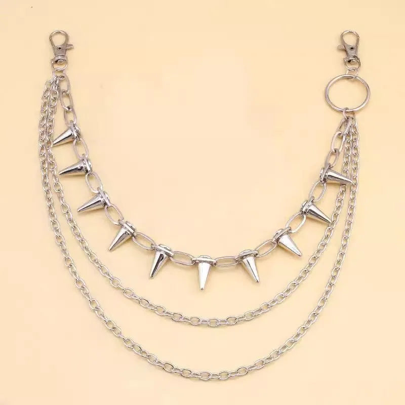 Silver metal punk chain with dark rivet and double layer phants zipper ornament, 115cm length for belt loop attachment