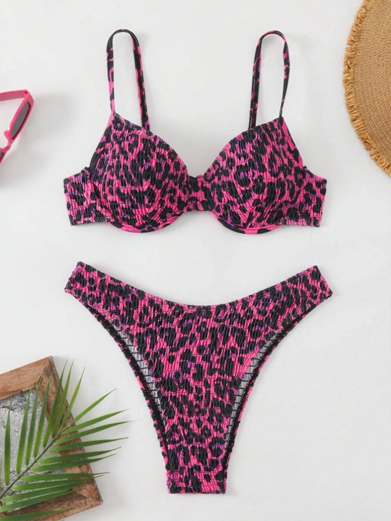 Women's leopard print bikini swimsuit with backless design and adjustable ties in brown mixed colour