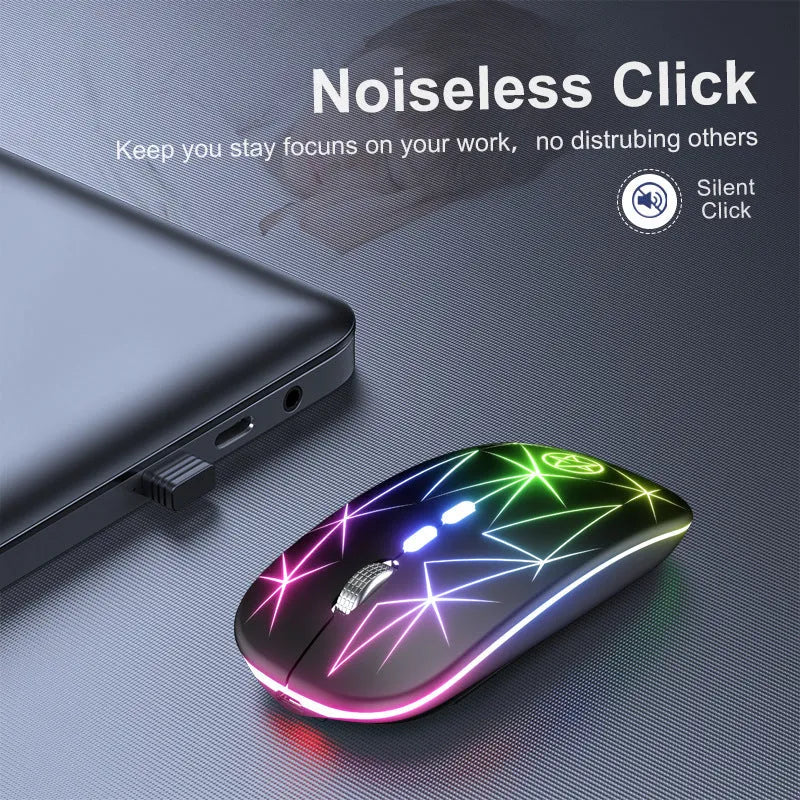 Wireless Bluetooth gaming mouse showing dual-mode connectivity, luminous charging indicators, and metal roller in Star Black colour option.
