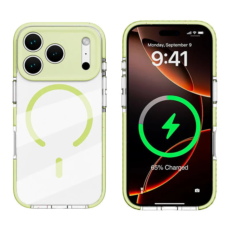 Transparent magnetic iPhone case showing six colour options: blue, green, orange, pink, purple, and gray