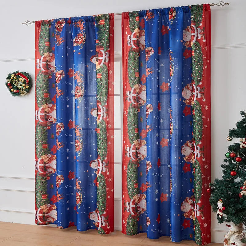 Rectangular Christmas-themed curtain with printed designs showing semi-sunshade function